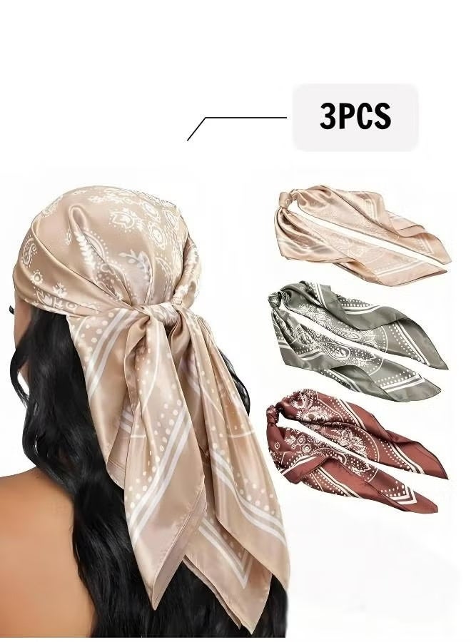 3-Pack Satin-Like Square Headscarves (90x90cm) - Lightweight & Silky Feel Scarves for Women, Versatile as Hair Wrap, Bandana or Shawl for Beach, Office & Outing - Image 1